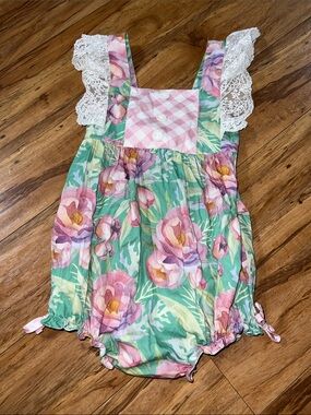 Green Floral Ricrac & Ruggles Baby Romper/ Bubble with Pink Accents Size 3T